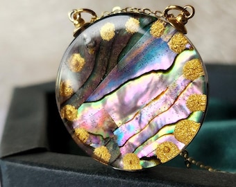 Handmade Abalone Shell Necklace: 18k Gold Plated Sterling Silver Resin Pendant