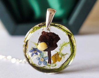 Handmade Sterling Silver Mushroom Necklace: Resin Moss Pendant