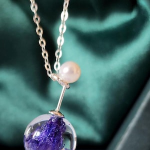Collier jacinthe des bois fait main en argent sterling : fleur séchée en résine et perle