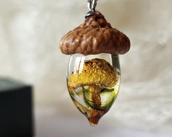Acorn mushroom necklace, acorn jewelry, handmade bio organic resin, birthday gift for her, real mushroom jewelry, woodland jewelry