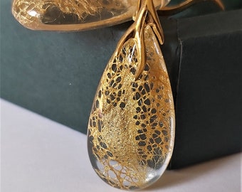 Real gold silk cocoon earrings handmade bio organic resin earrings real nature lace earrings bride jewellery birthday  unique gift for her