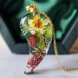 Real wild strawberry necklace handmade bio organic resin sterling silver gold berry jewelry Valentines day birthday gift for her