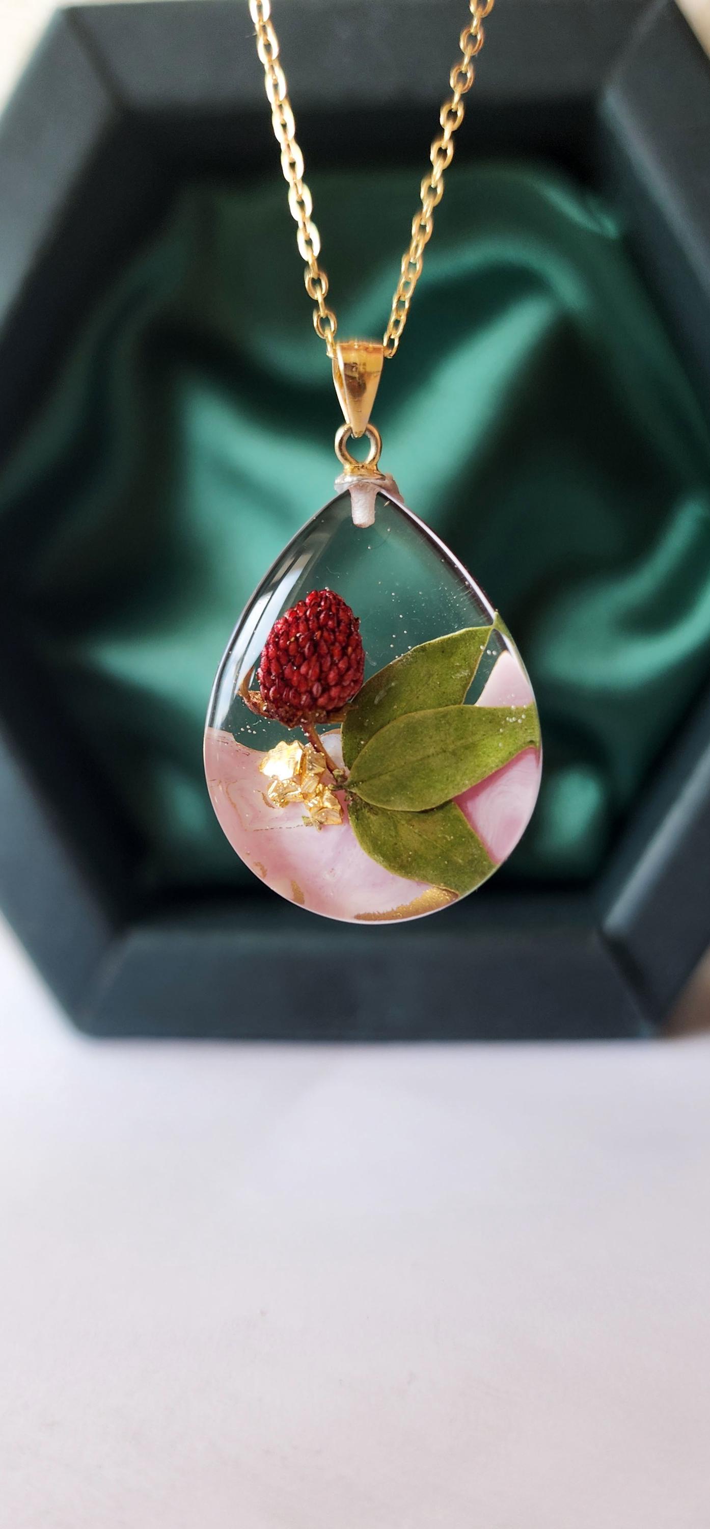 Real Wild Strawberry Necklace: Handmade Resin Jewelry, Gold Plated