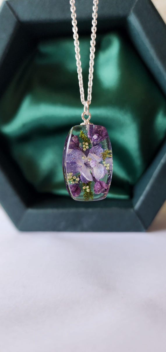 Handmade Sterling Silver Lilac Resin Necklace: Real Flower Jewelry