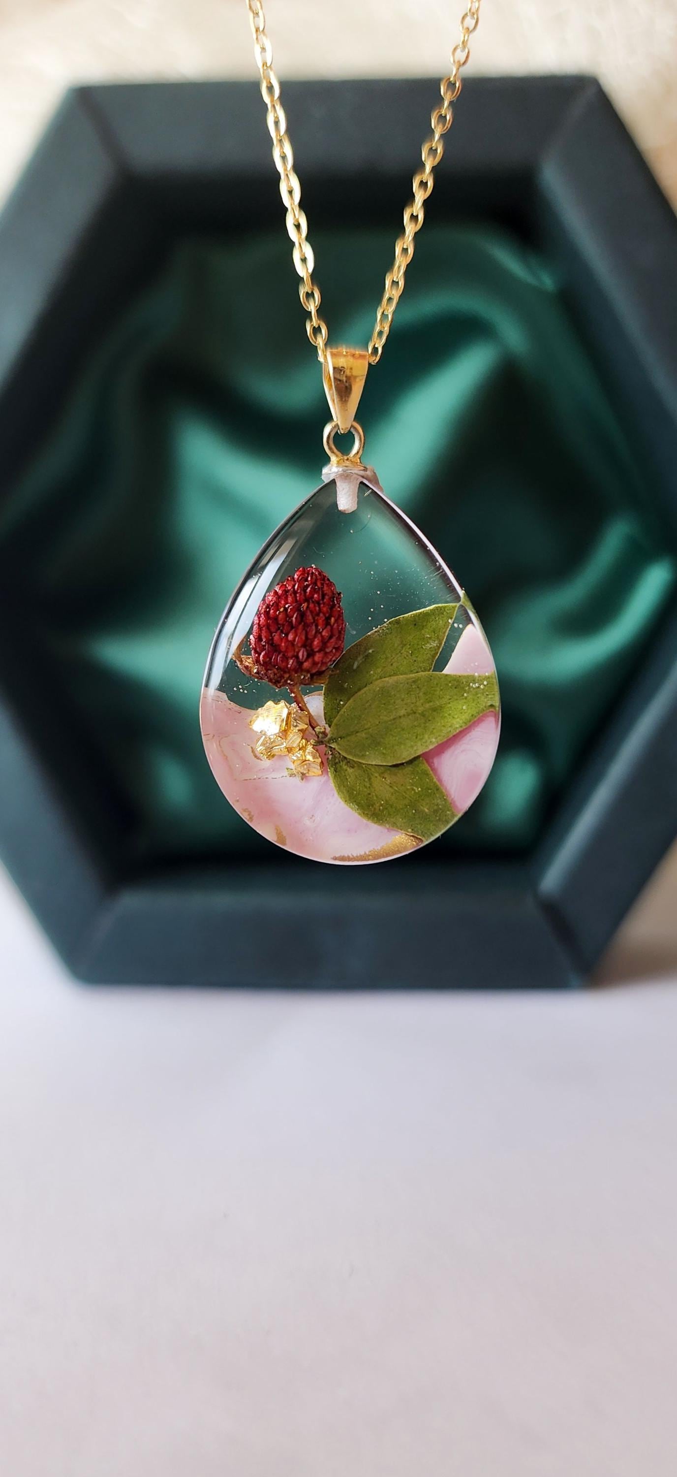 Real Wild Strawberry Necklace: Handmade Resin Jewelry, Gold Plated
