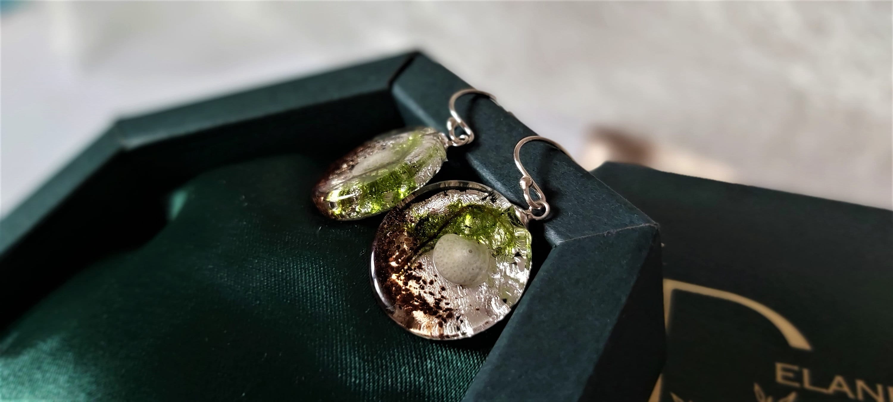 Real snail moss earrings handmade sterling silver bio organic resin earrings birthday gift for her unique terrarium plant jewelry glow gift