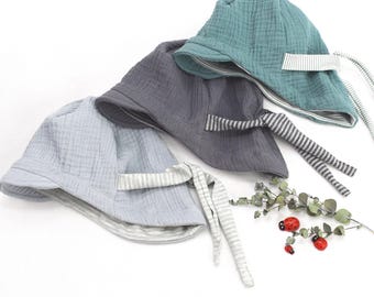 Schirmmütze, Musselinhut, Kindersonnenhut, Sommermusselinmütze in Wunschgröße mit Ringelbindeband als Sommermütze und Sonnenschutz
