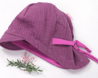 Light muslin hat in desired size with tie band as summer hat and sun protection, peaked cap, muslin hat