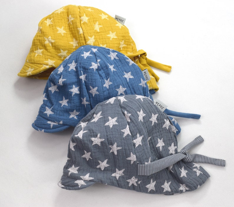 Schirmmütze, Musselinhut, Kindersonnenhut, Sommermusselinmütze in Wunschgröße mit Ringelbindeband als Sommermütze und Sonnenschutz Bild 7