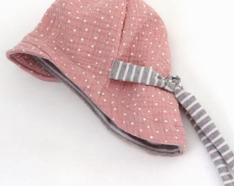 Schirmmütze, Musselinhut, Kindersonnenhut, rosa Sommermusselinmütze in Wunschgröße mit Ringelbindeband als Sommermütze und Sonnenschutz
