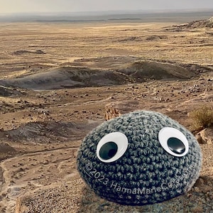 May include: A gray crocheted amigurumi toy with large white googly eyes. The toy is sitting on a rocky surface with a desert landscape in the background.