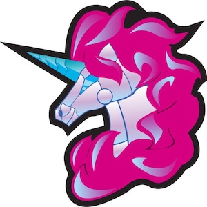May include: A white robotic unicorn head with a blue and silver horn. The unicorn has a pink mane and tail.