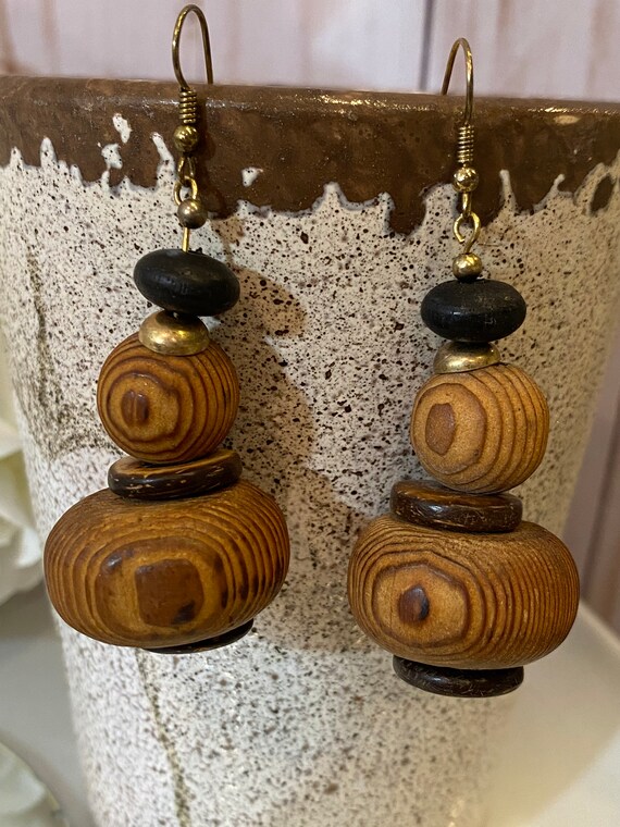 1960s Olive Wood Spheres Brass French Wire Earrin… - image 3