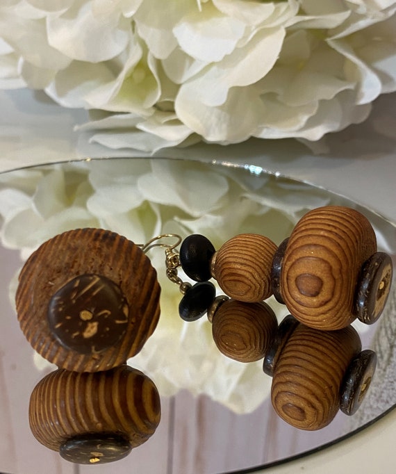 1960s Olive Wood Spheres Brass French Wire Earrin… - image 5