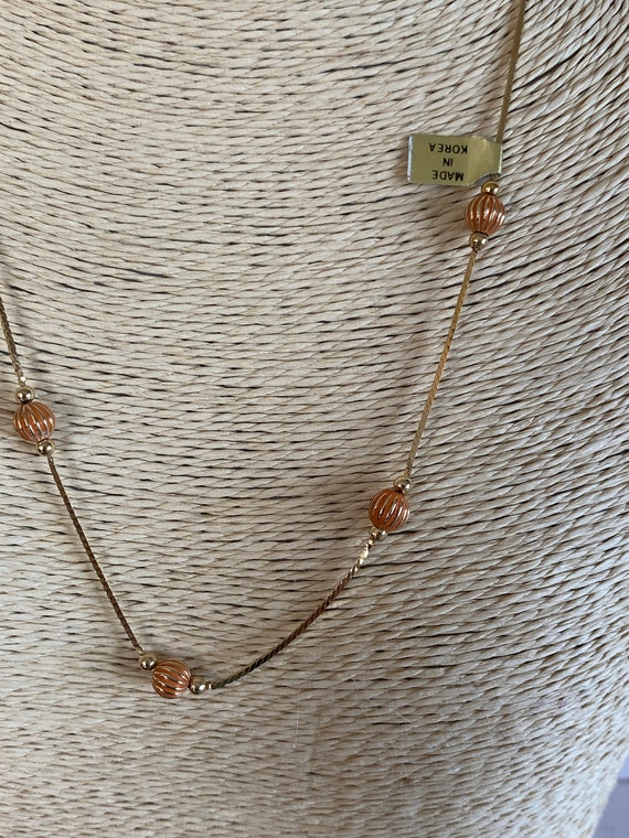 1970s Orange Enamel Gold Stripe Five Beads Neckla… - image 3
