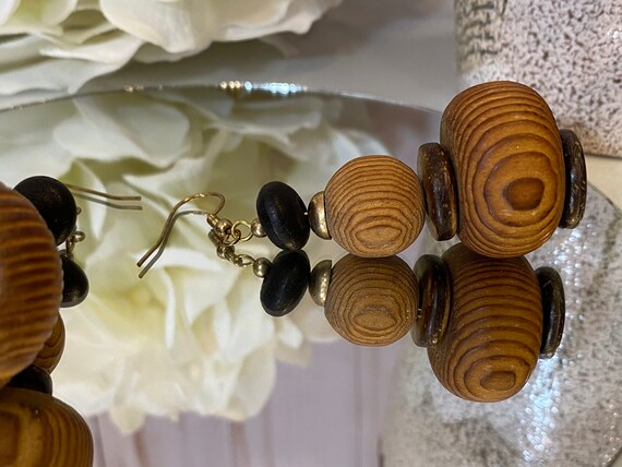 1960s Olive Wood Spheres Brass French Wire Earrin… - image 4