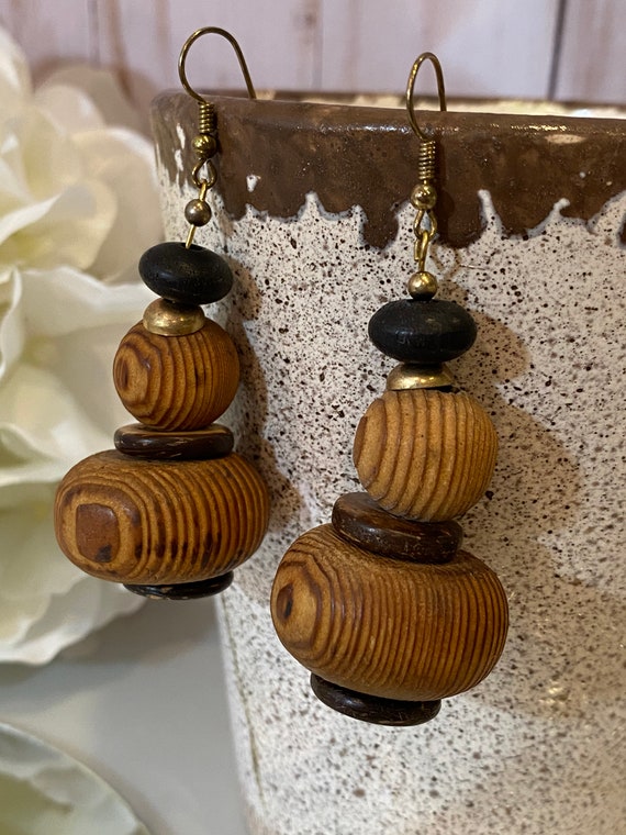 1960s Olive Wood Spheres Brass French Wire Earrin… - image 2