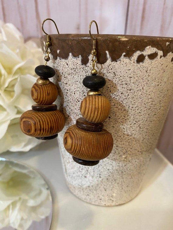 1960s Olive Wood Spheres Brass French Wire Earrin… - image 1
