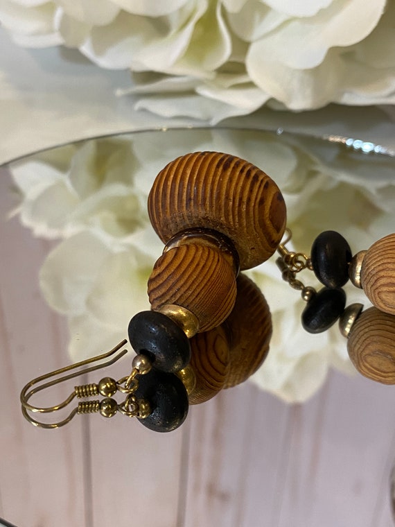 1960s Olive Wood Spheres Brass French Wire Earrin… - image 6