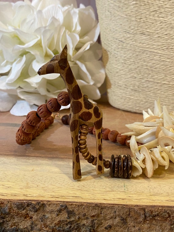 1980s Safari Themed Giraffe Hand Carved Wood Beade