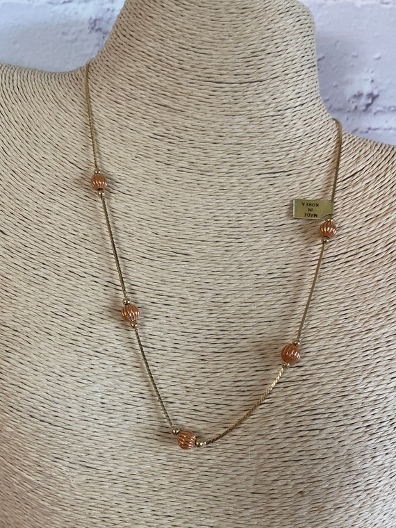 1970s Orange Enamel Gold Stripe Five Beads Neckla… - image 2
