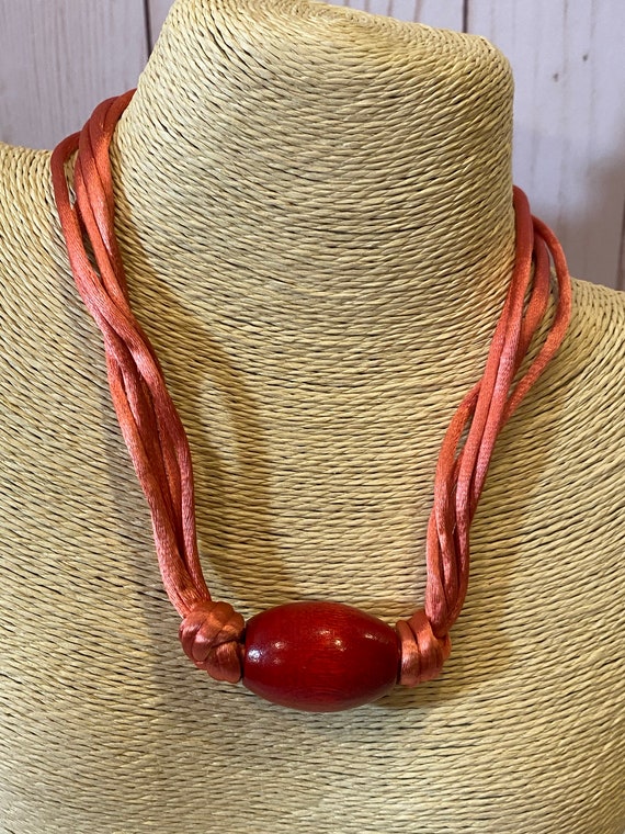 1920s Red Wood Bead Pink Silk Ribbons Vintage Nec… - image 1