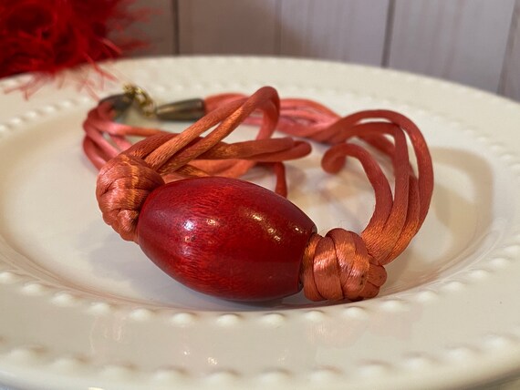1920s Red Wood Bead Pink Silk Ribbons Vintage Nec… - image 4