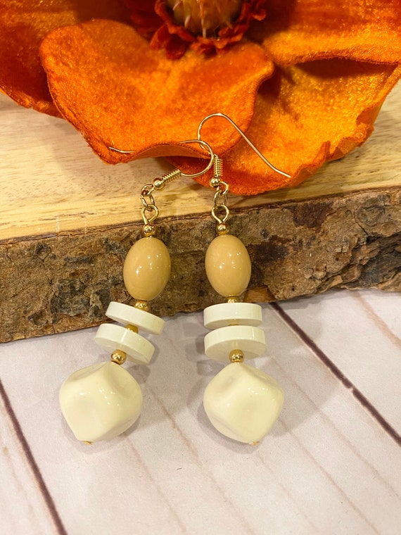 Tan, White and Cream Lucite Fishhook Earrings, NOS
