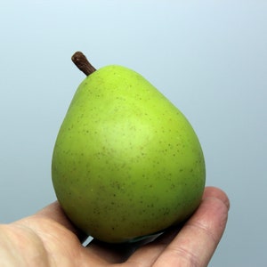 May include: A green pear with a brown stem, resting in the palm of a hand.