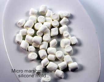 Può includere: Un piatto bianco con un mucchio di piccoli marshmallow bianchi. Il testo "Micro marshmallow silicone mold" è stampato sotto i marshmallow.