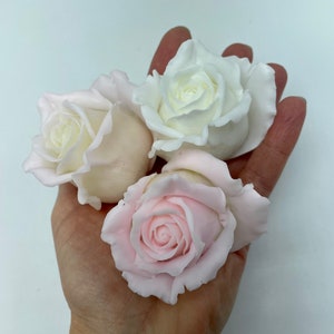 Pu&ograve; includere: Quattro rose di sapone fatte a mano, due bianche e due rosa, in una mano.