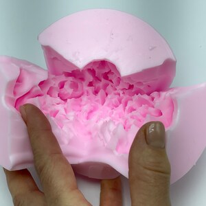Pode incluir: Uma forma de silicone rosa com um interior texturizado e acidentado. A forma est&aacute; aberta para revelar o interior.