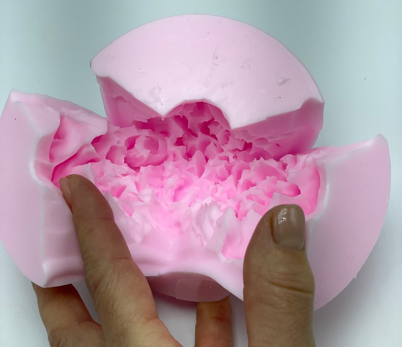 Pode incluir: Uma forma de silicone rosa com um interior texturizado e acidentado. A forma est&aacute; aberta para revelar o interior.