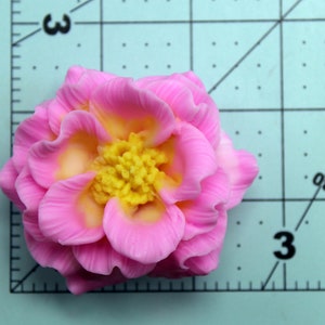 May include: A pink and yellow flower with a ruffled texture. The flower is made of polymer clay and has a realistic appearance.