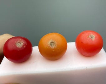 May include: Three round fruits, one red, one orange, and one a lighter shade of red, are lined up on a white surface. The fruits have a small brown spot in the center.