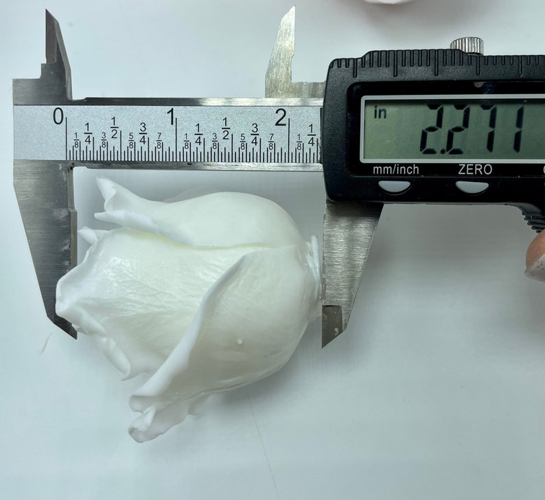 Pu&ograve; includere: Un bocciolo di rosa in ceramica bianca misurato con un calibro digitale, che mostra una misura di 2,27 pollici.
