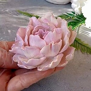 Pode incluir: Uma delicada flor de pe&ocirc;nia rosa p&aacute;lido com p&eacute;talos ondulados. A flor &eacute; feita de um material macio e flex&iacute;vel, possivelmente fondant ou argila polim&eacute;rica.