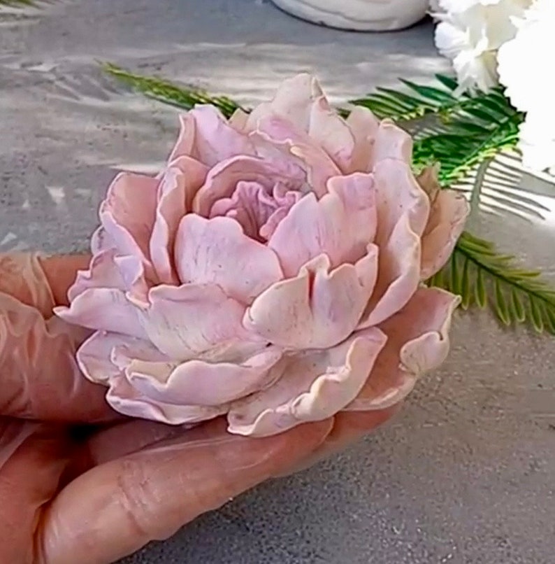 Pode incluir: Uma delicada flor de pe&ocirc;nia rosa p&aacute;lido com p&eacute;talos ondulados. A flor &eacute; feita de um material macio e flex&iacute;vel, possivelmente fondant ou argila polim&eacute;rica.