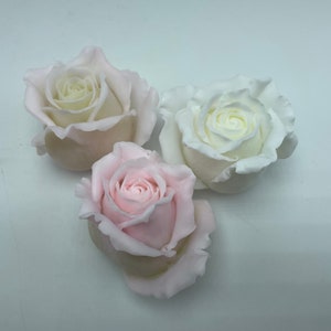 Pu&ograve; includere: Tre rose artificiali, una bianca, una avorio e una rosa. Le rose sono disposte in un gruppo su uno sfondo bianco.