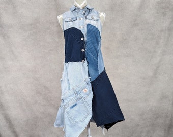 Lange Upcycled Jeans Patchwork Weste -XS