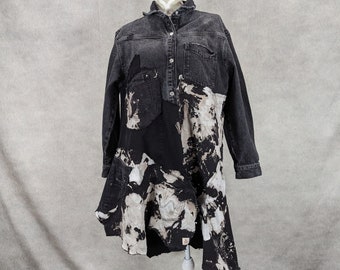 Chaqueta vaquera negra blanqueada larga reciclada con parches (2X)