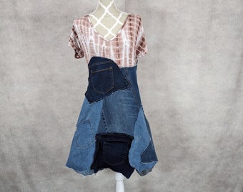 Upcycled Short Sleeve Denim Patchwork Dress - Small