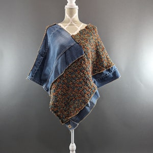 Upcycled Knit and Denim Patchwork Poncho - O/S