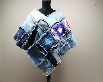 Upcycled Denim Patchwork Poncho - O/S