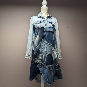 Upcycled Long Denim Patchwork Jacket - Small