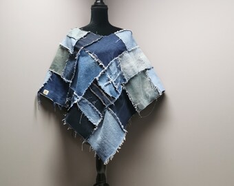 Simple Jeans Jacket Poncho Clothes Unique Jean Cape Raincoat Sturdy Poncho Handmade Patchwork Denim Poncho Upcycled