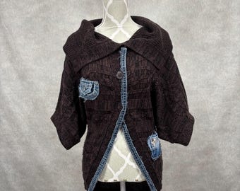 Upcycled Womens Short Sleeve Cardigan With Denim Detail- Medium