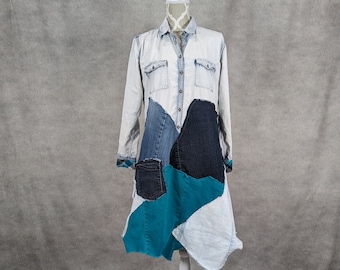 Upcycled Long Sleeve Denim Patchwork Dress - Medium