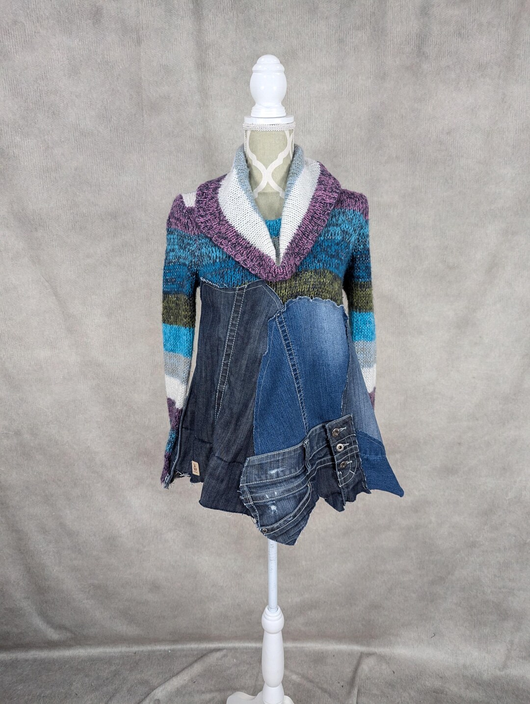 Upcycled Denim Patchwork Turtleneck Sweater- Small UK
