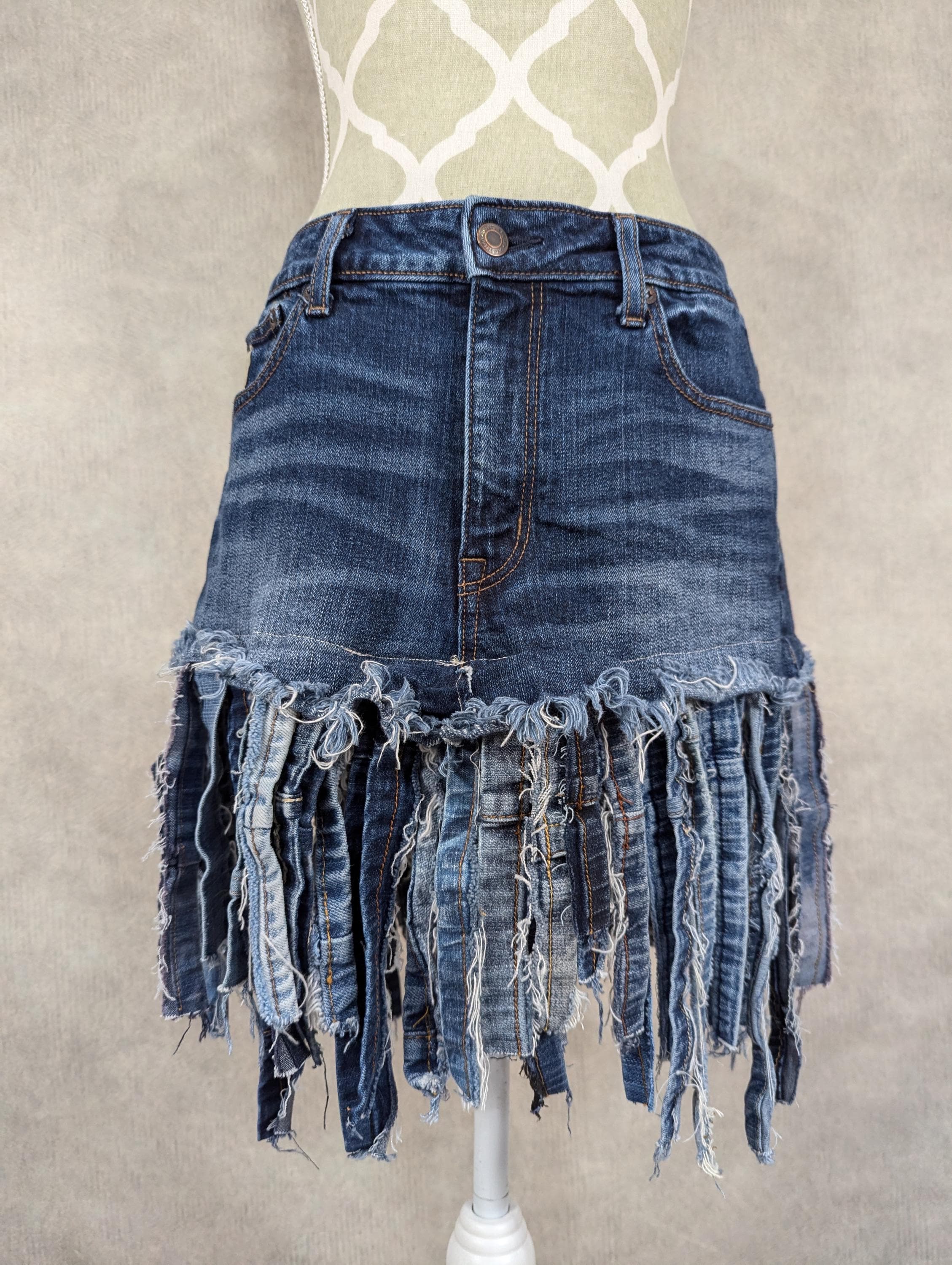 Upcycled Denim Fringe Hem Skirt - Size 8 - Etsy